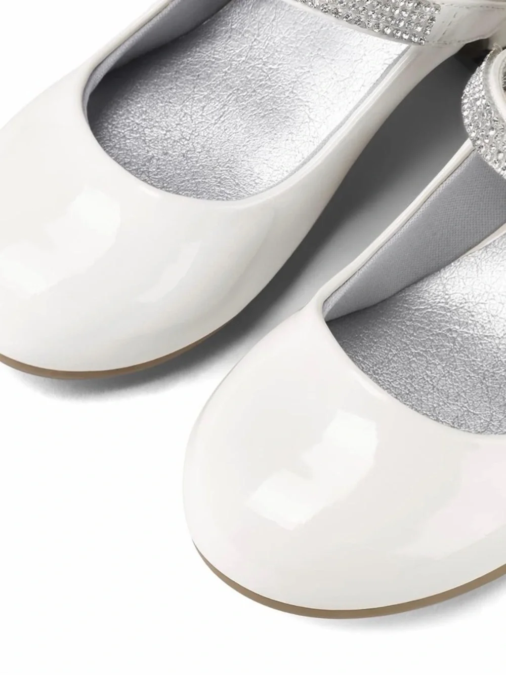 Girls' White Patent Mary Jane Dress Heels with Rhinestone Strap